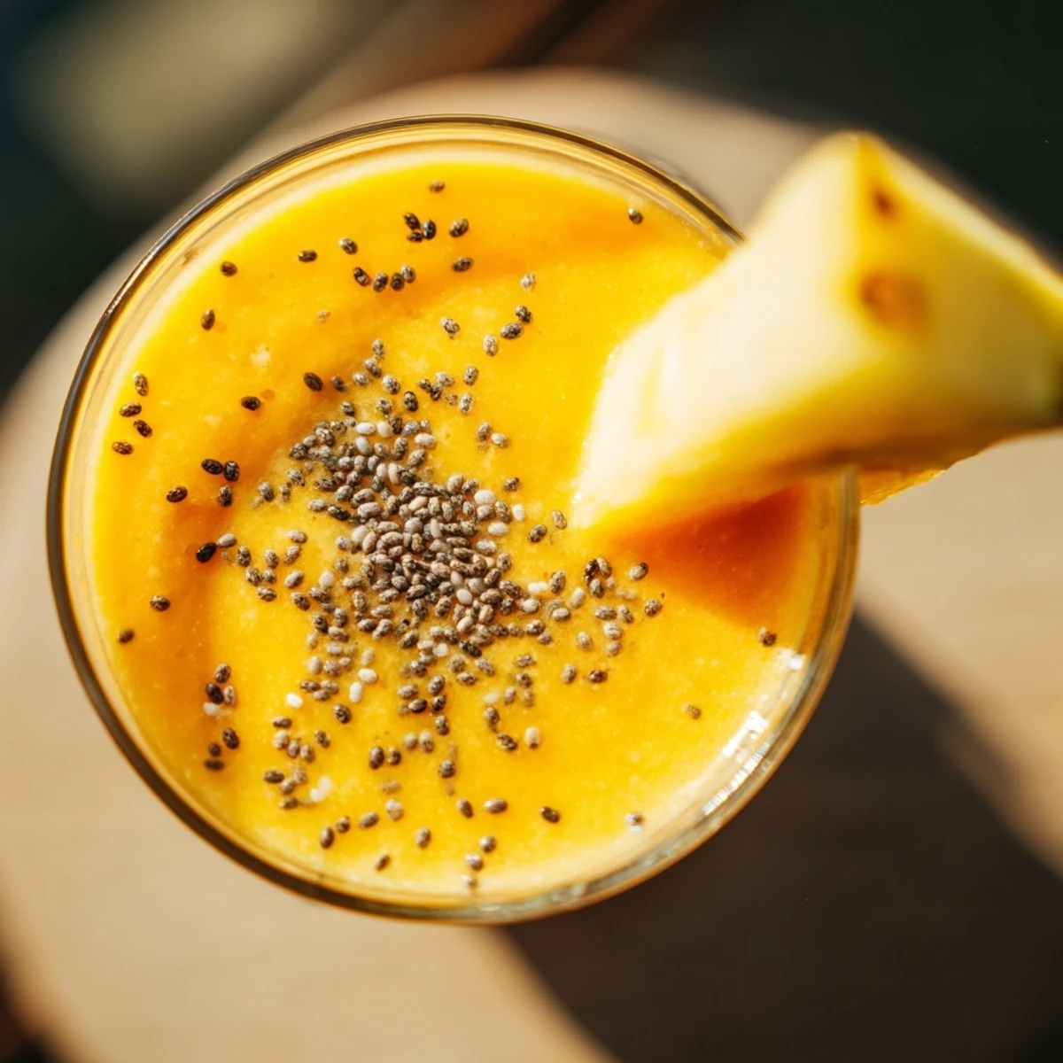 Golden layered protein smoothie bowl with frozen mango pineapple banana blend and optional chia seed sprinkle on top.