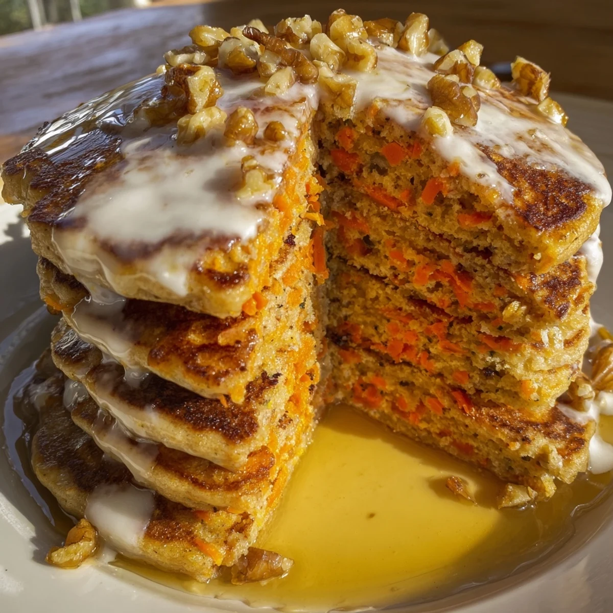 Golden stack of fluffy carrot cake pancakes topped with cream cheese glaze and chopped walnuts