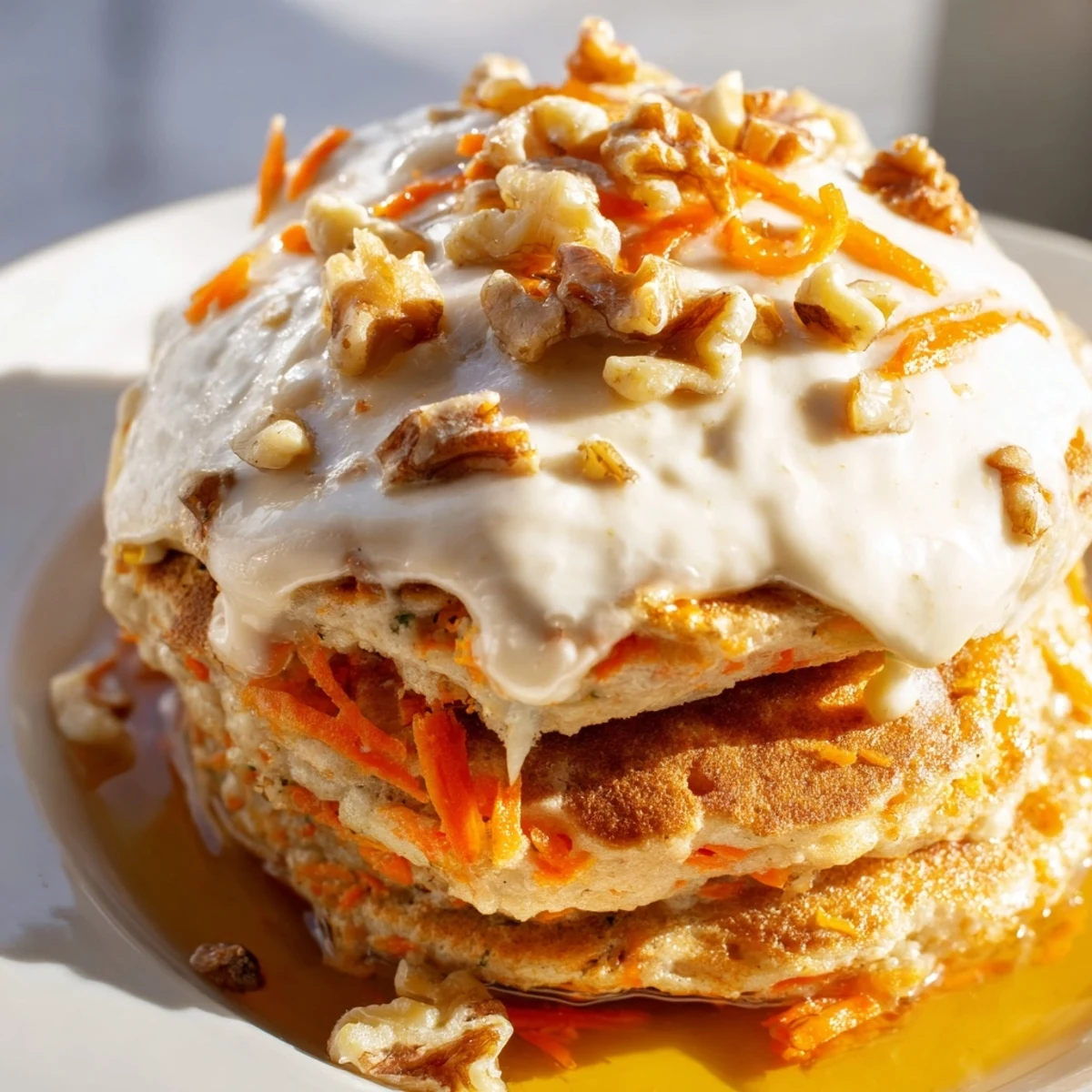Fluffy carrot cake pancakes with orange zest garnished with pecans on a white plate