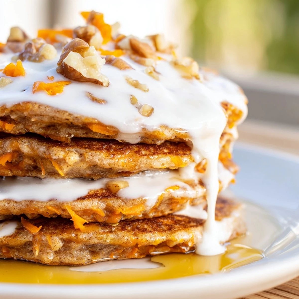 Spiced breakfast pancakes with grated carrots and warm cinnamon served with maple syrup