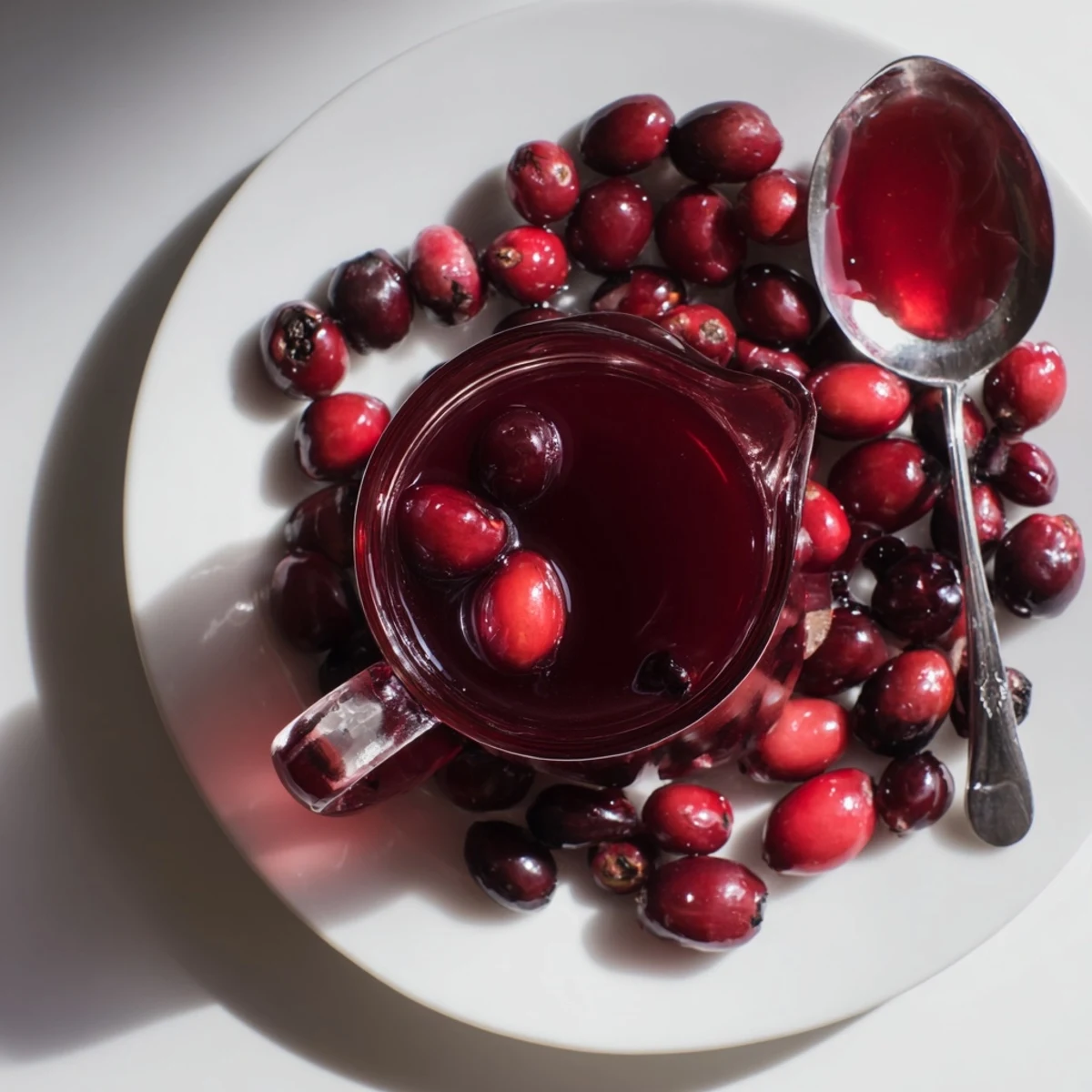 Deep red cranberry syrup drizzled over fluffy pancakes showcasing vibrant color and texture