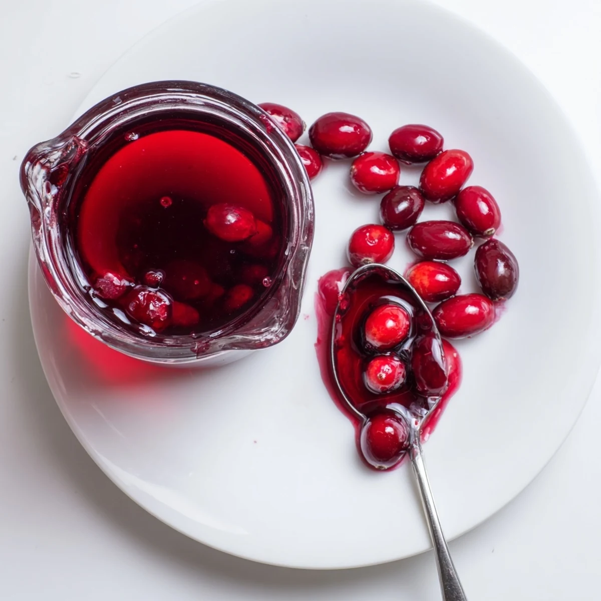 Glass jar filled with tangy homemade cranberry syrup garnished with fresh whole cranberries