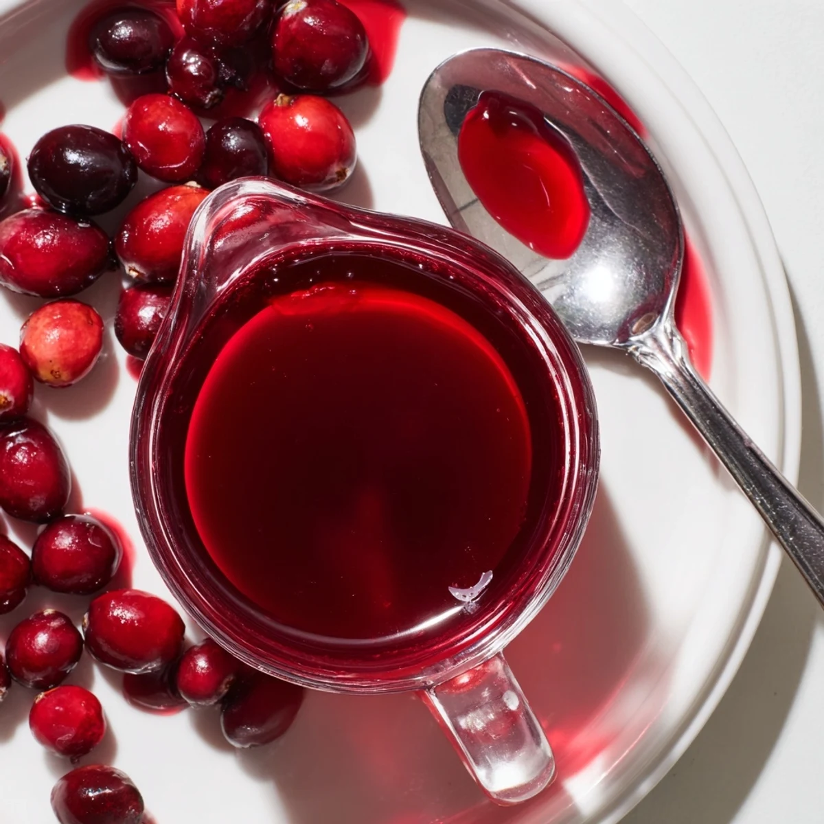 Rich ruby cranberry syrup poured slowly capturing light and thick glossy consistency