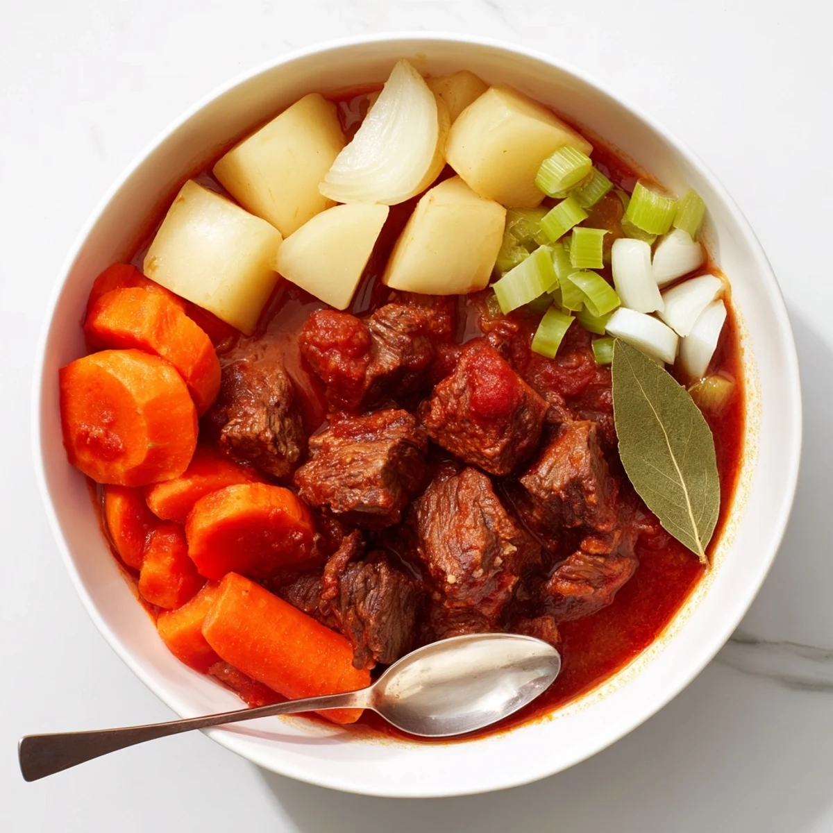Hearty Italian beef spezzatino slowly braised with tender vegetables in a rich, aromatic red wine sauce