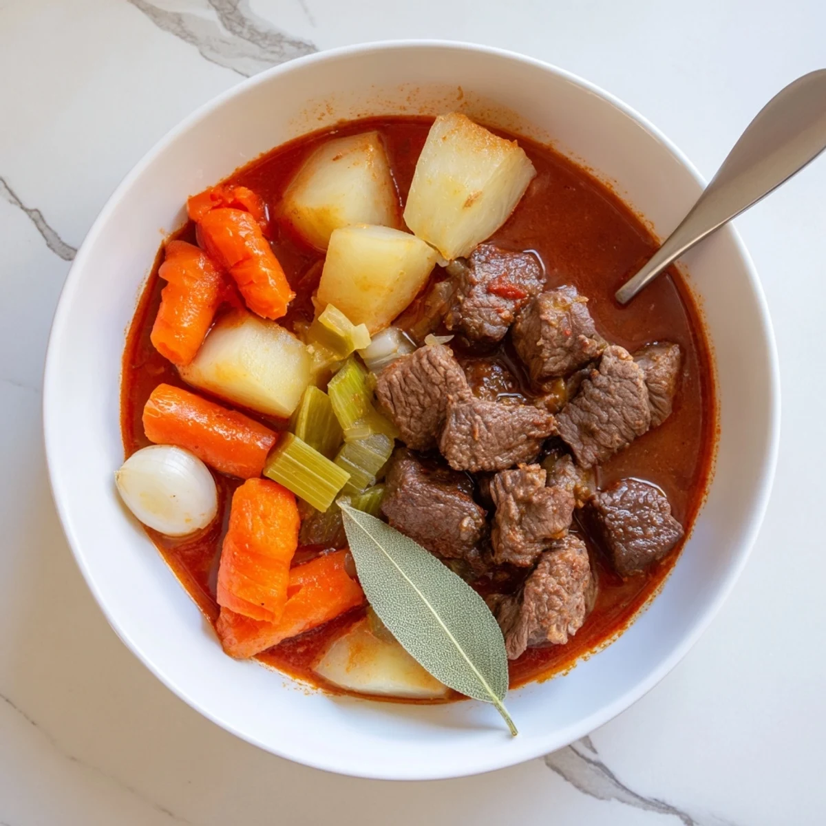 Rustic Italian beef stew spezzatino served steaming hot with chunks of slow-cooked beef and colorful root vegetables