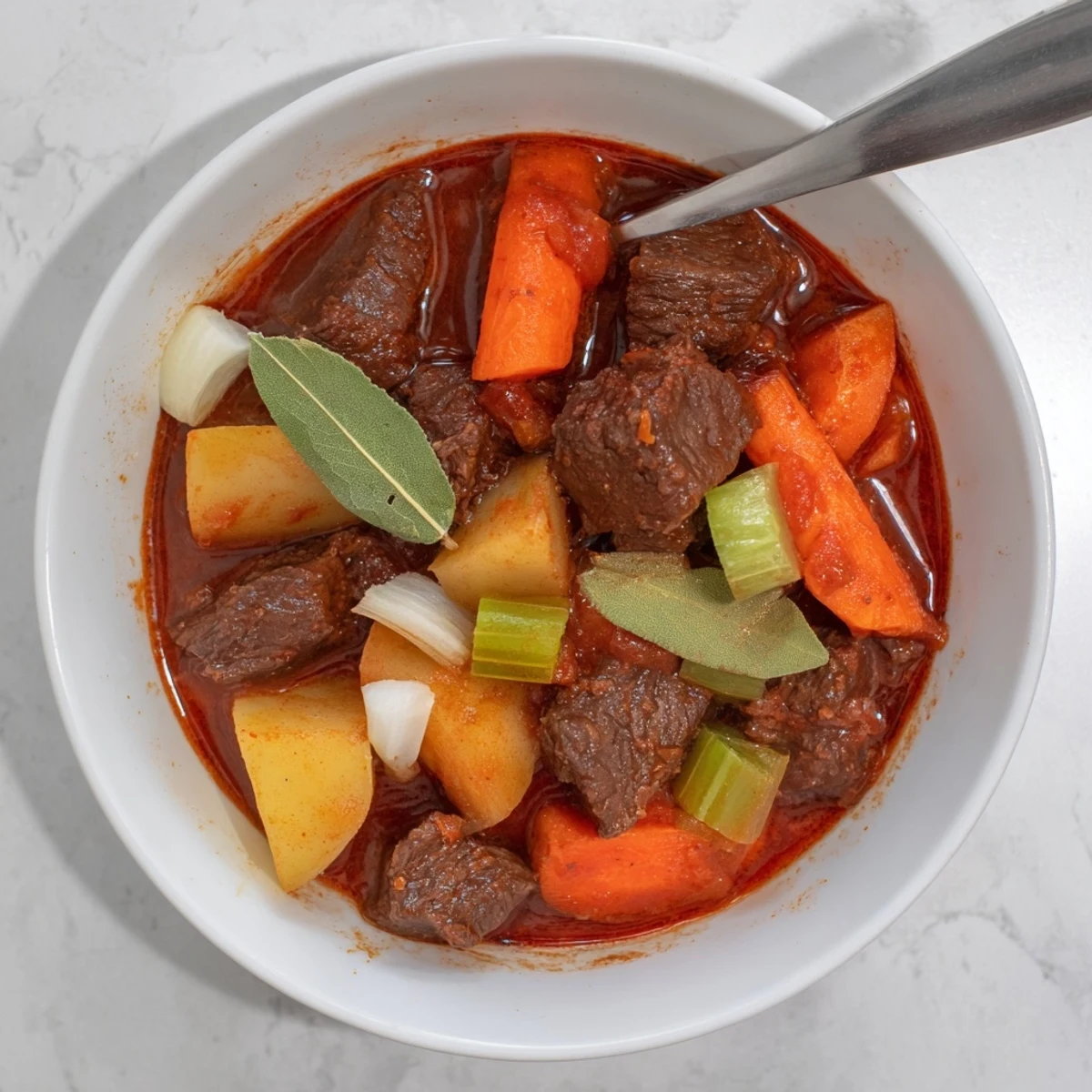 Golden bowl of comforting spezzatino di manzo stew featuring succulent beef cubes, potatoes, carrots, and celery