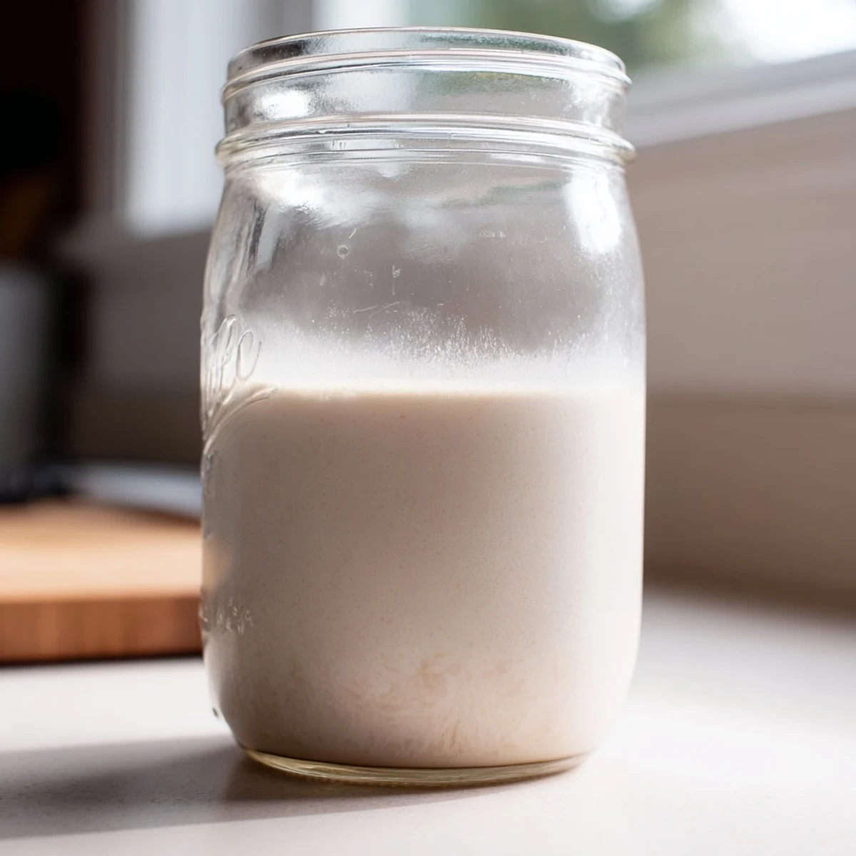 Homemade almond milk in a glass jar with a creamy white texture on a wooden kitchen counter
