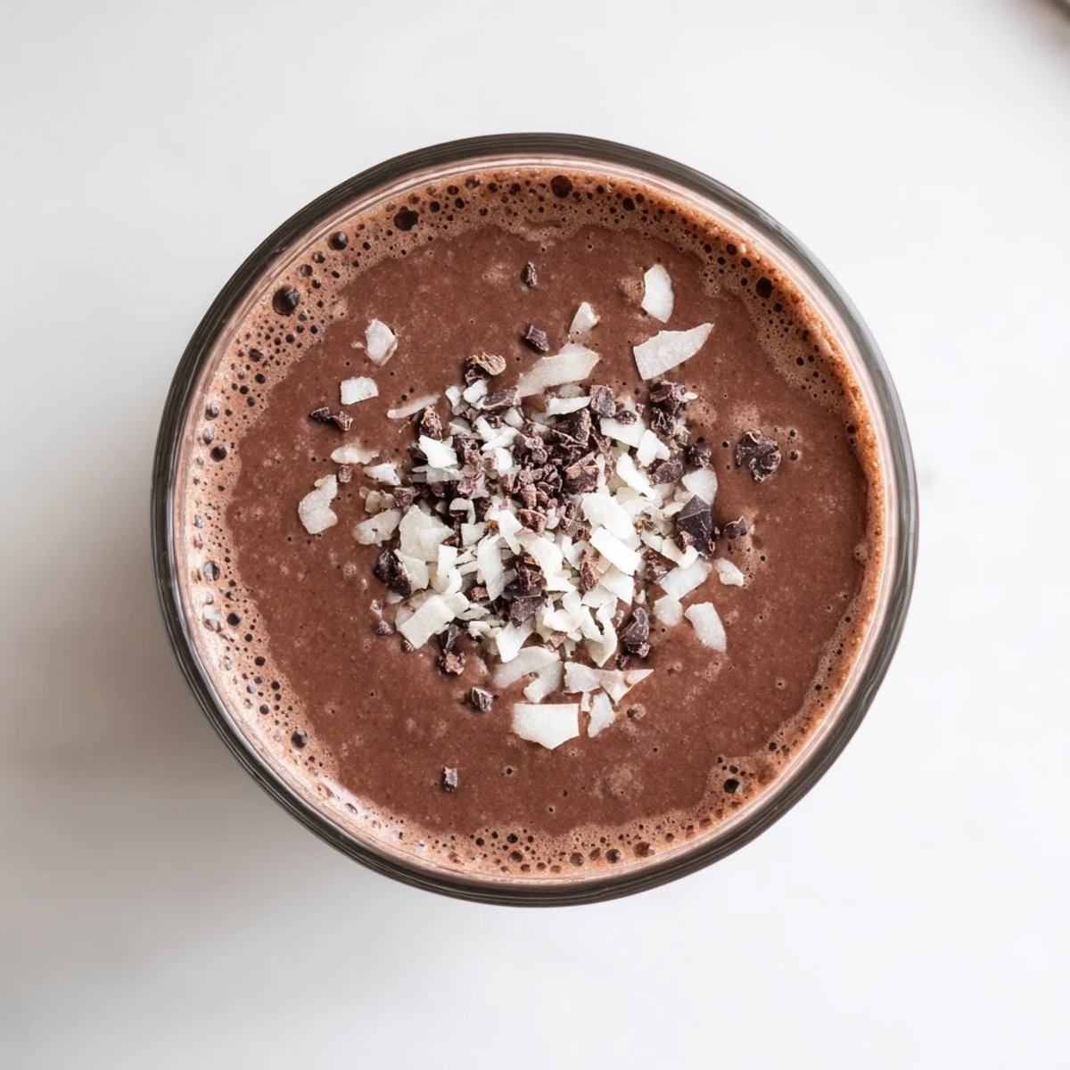 Thick raw chocolate banana shake poured into a glass topped with cacao nibs