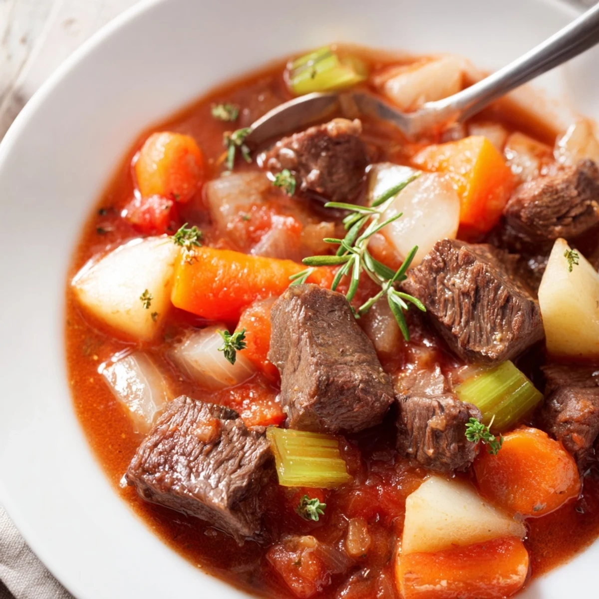 Spezzatino Di Manzo Italian Beef Stew bubbling in a rustic Dutch oven