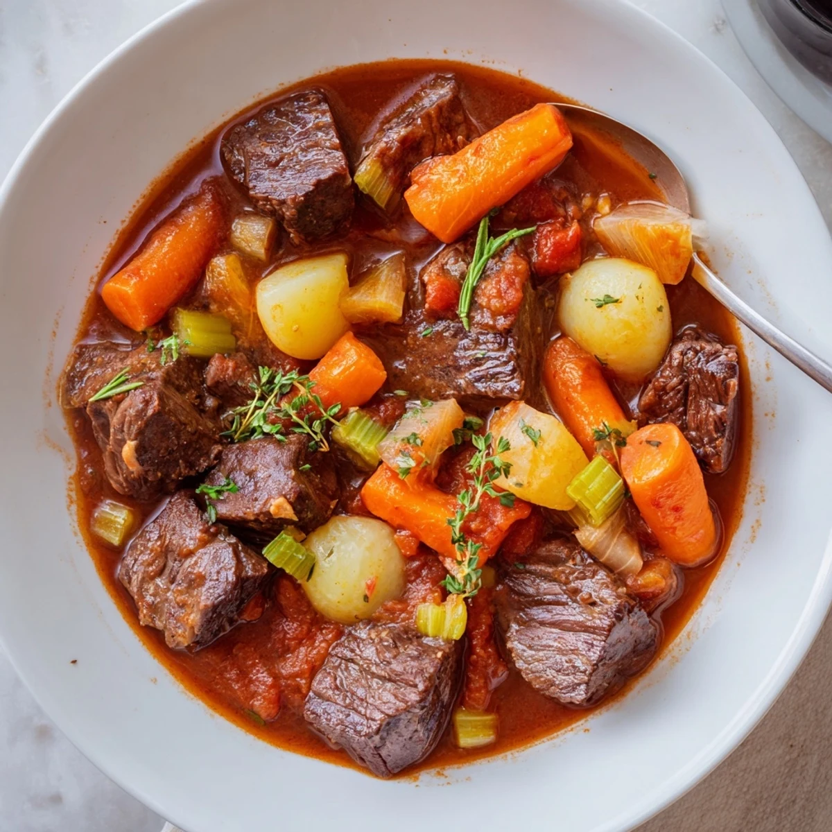 Hearty Spezzatino Di Manzo Italian Beef Stew ladled over creamy polenta