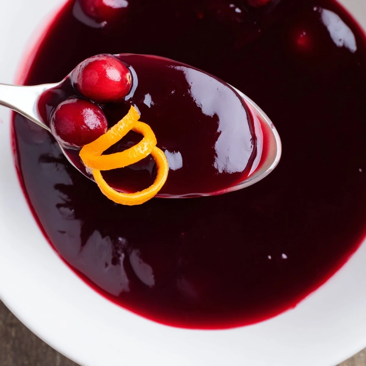 Bright Cranberry Syrup cooling on countertop next to wooden spoon
