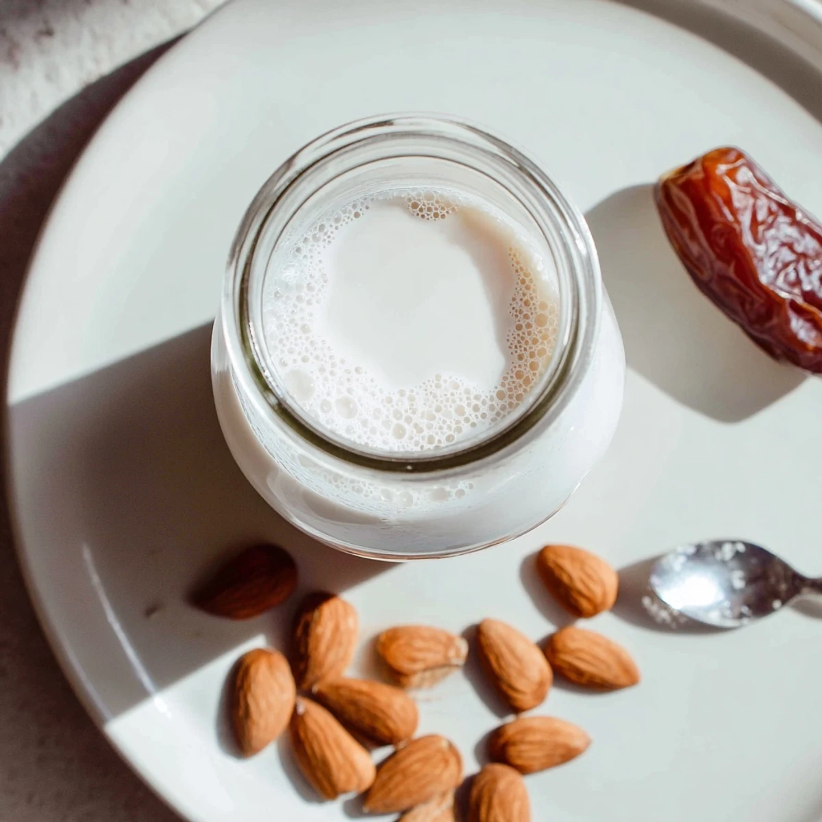 Silky Almond Milk poured over chilled granola, subtle vanilla and date sweetness