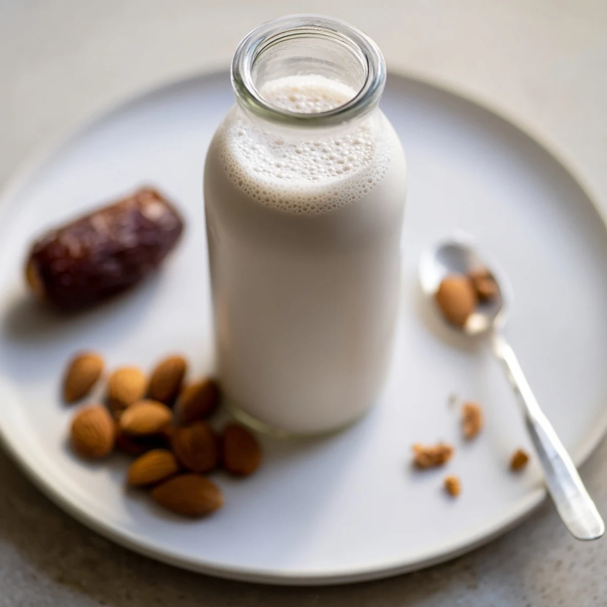 Fresh strained Almond Milk resting by blender and nut milk bag, nutty scent