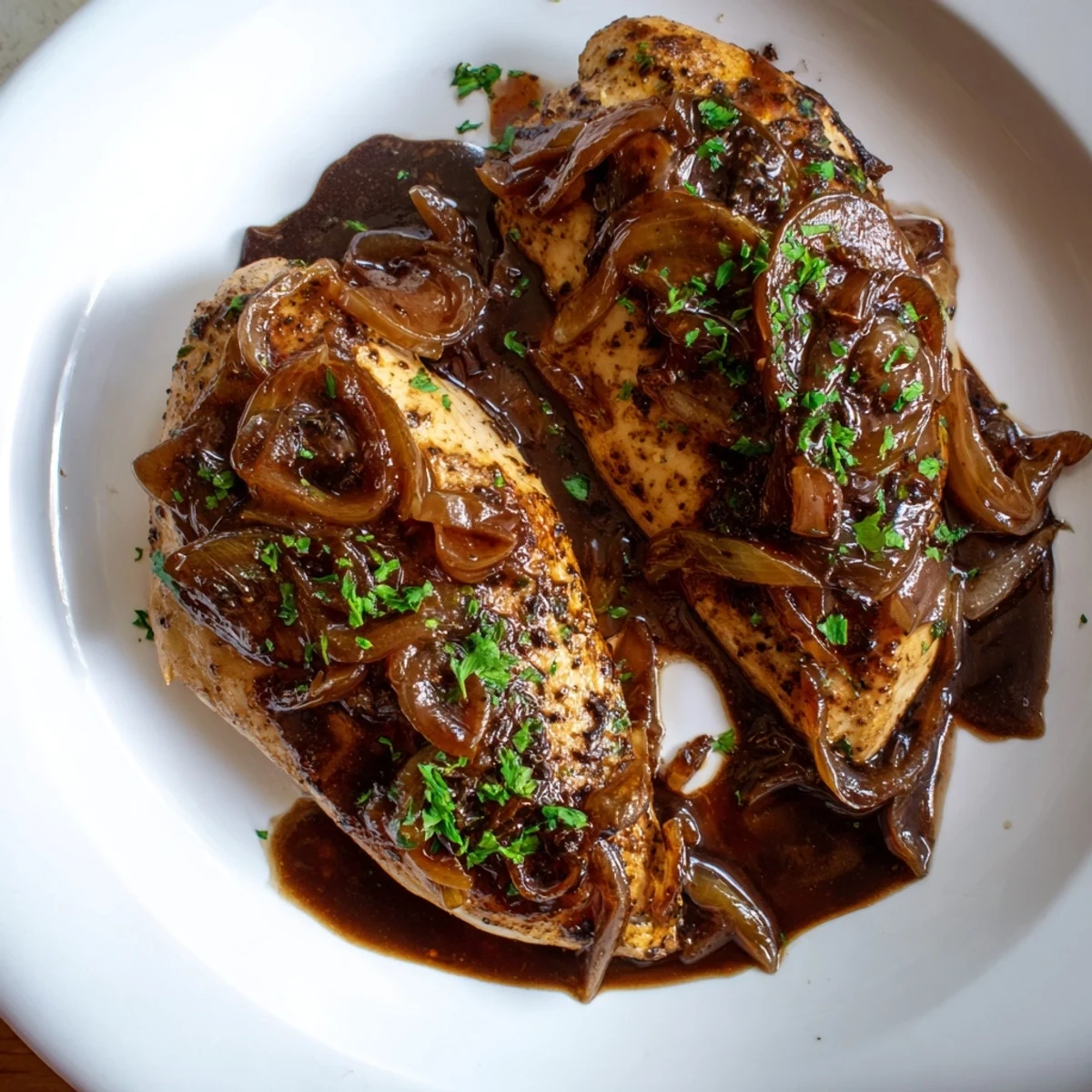 Slow Cooker Balsamic Chicken glazed in a rich, glossy sauce over tender sliced onions
