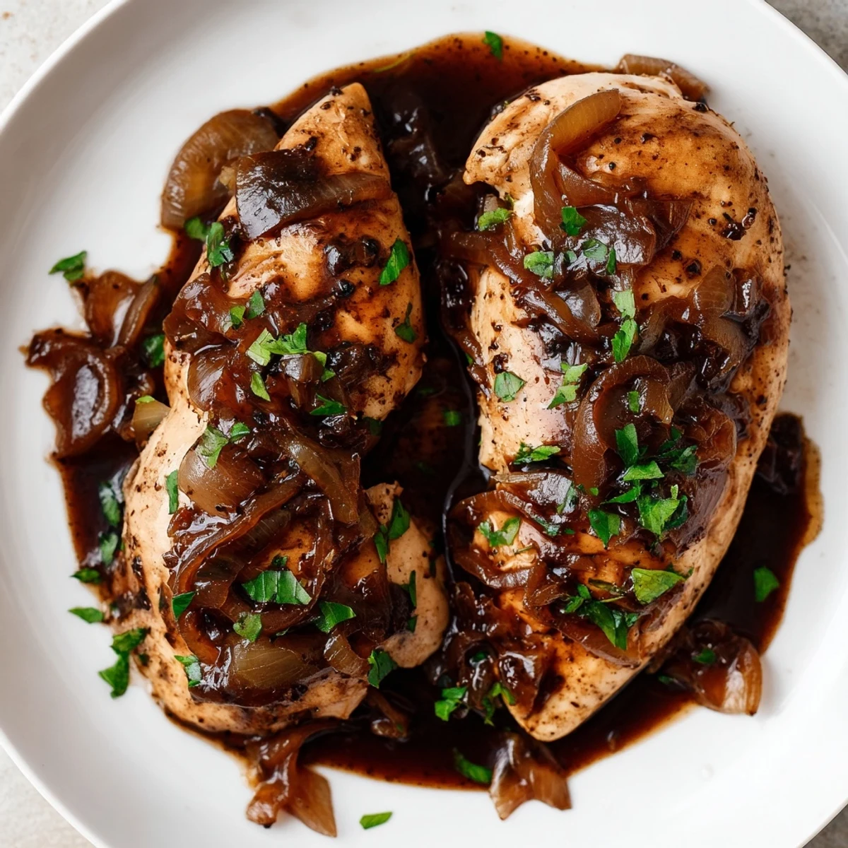 Juicy Slow Cooker Balsamic Chicken drizzled with sweet-tangy pan sauce and sprinkled with fresh parsley