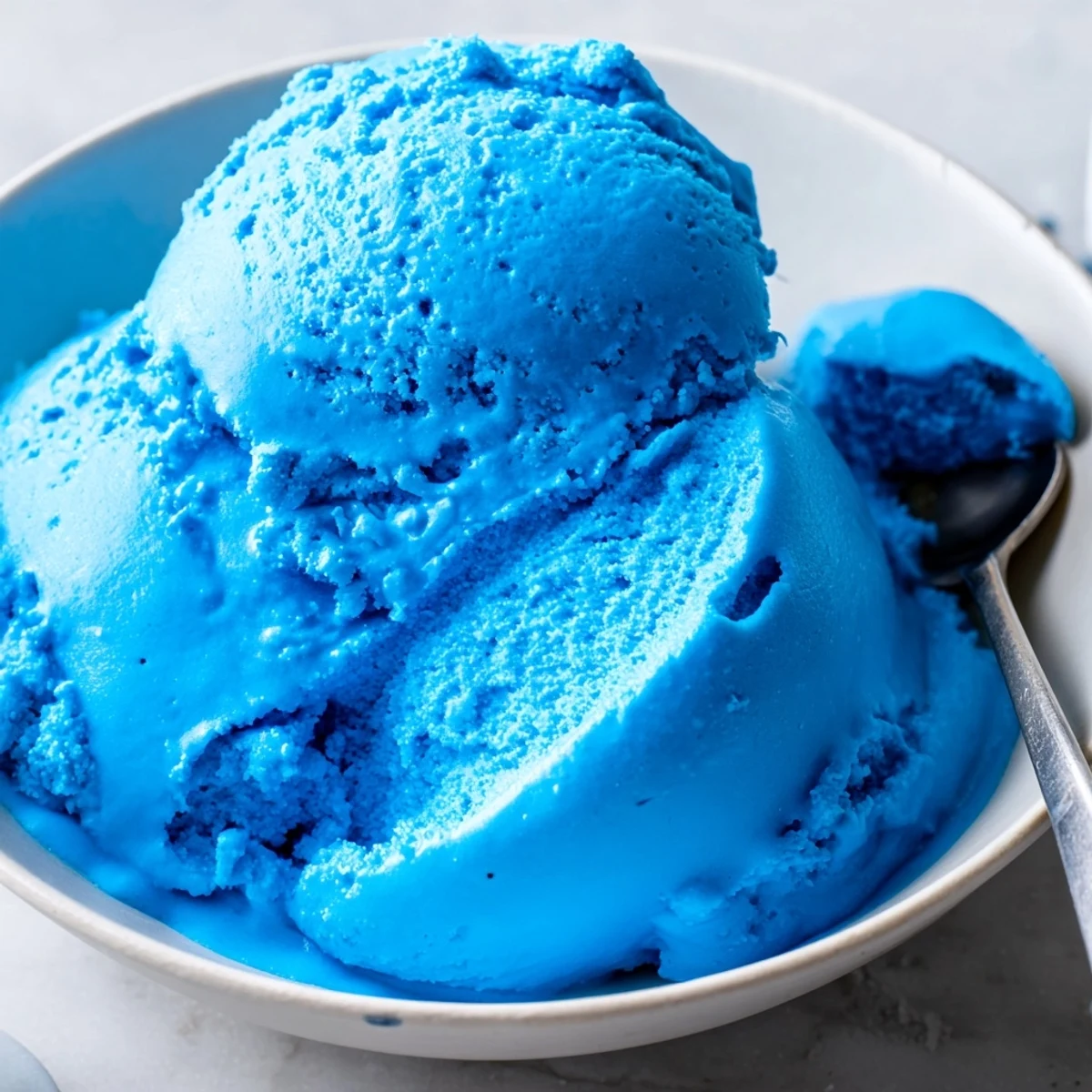 Bright blue homemade Blue Moon Ice Cream scooped into a crispy waffle cone