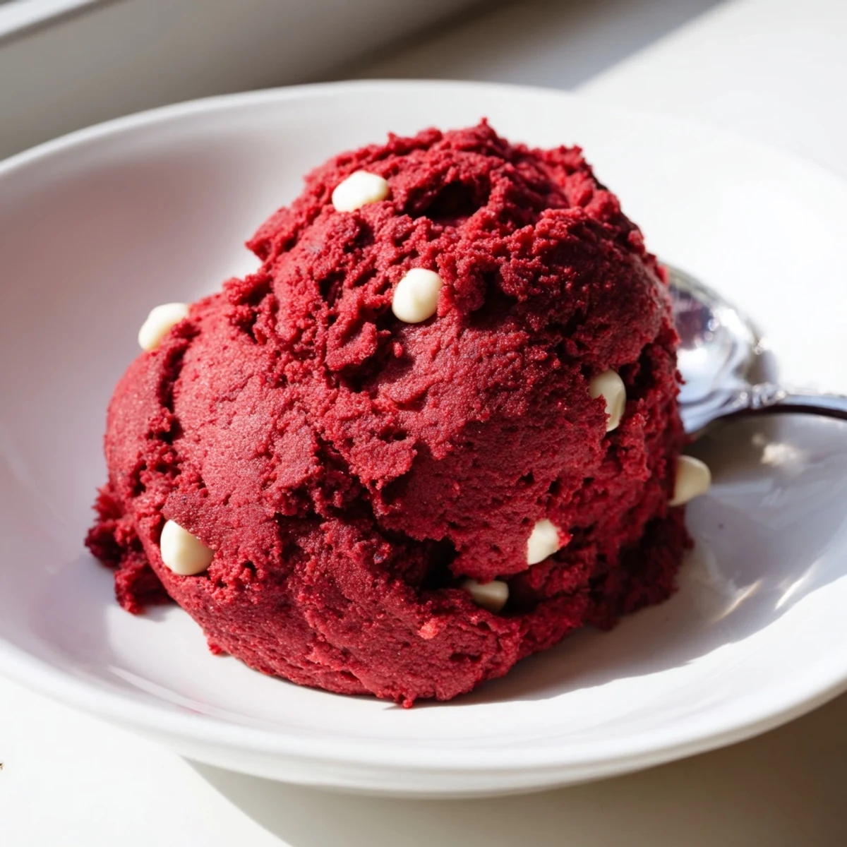 Creamy red velvet cookie dough scooped into a bowl with white chocolate chips scattered on top