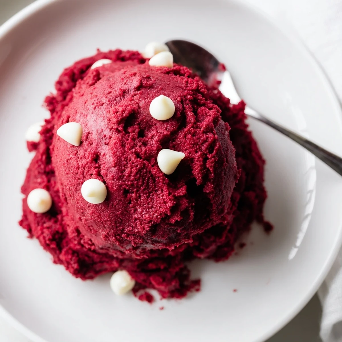 Bright red velvet cookie dough balls arranged on parchment paper with mini chocolate chip flecks