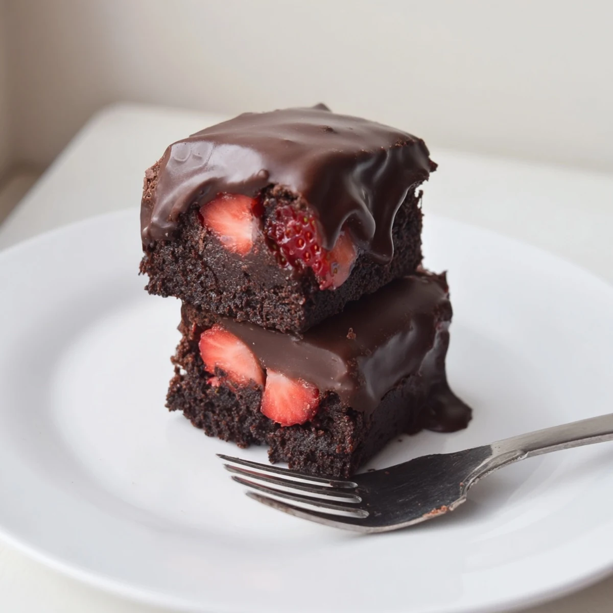 Rich fudgy Chocolate Covered Strawberry Brownies sliced and plated on a white ceramic serving dish