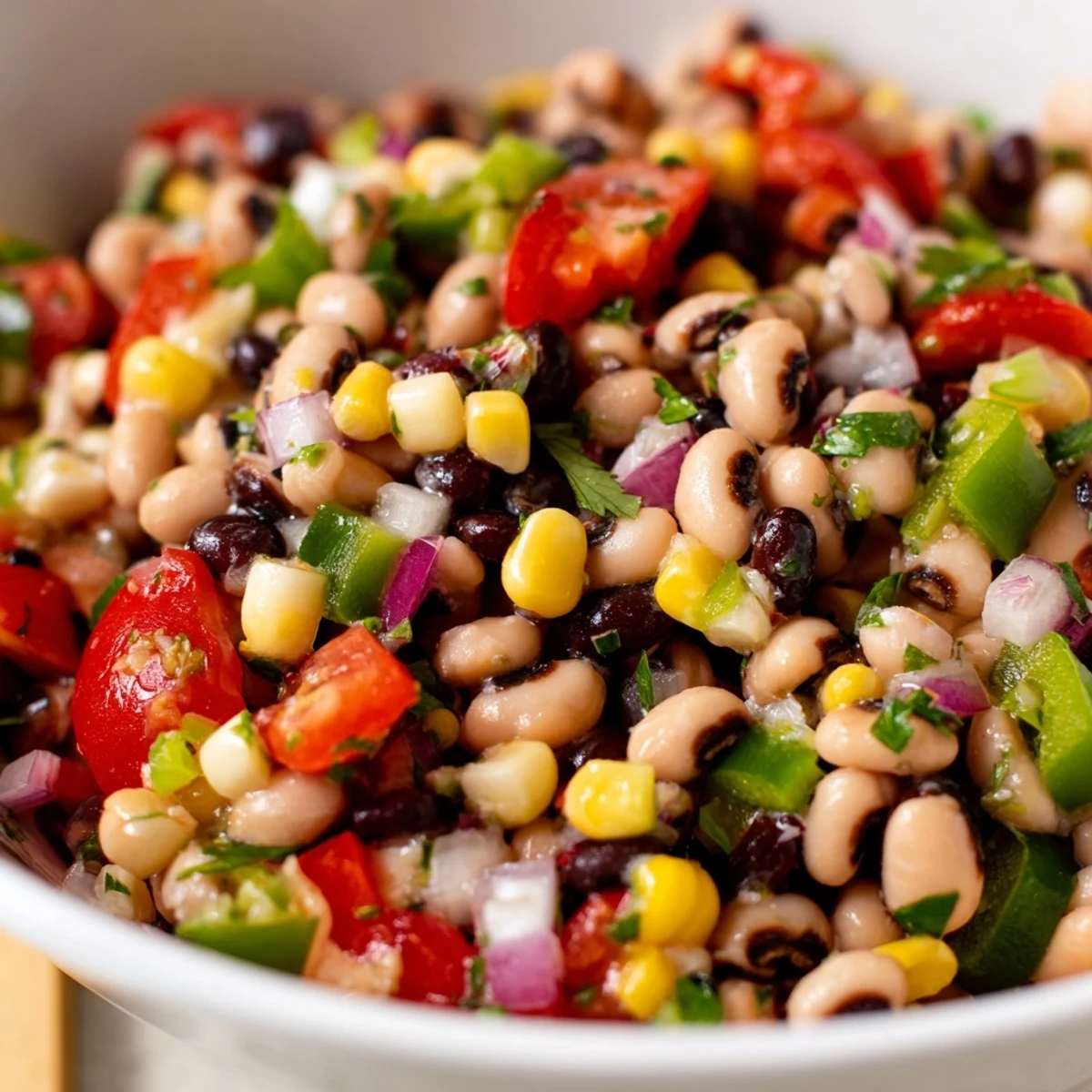 Colorful cowboy caviar in a bowl with black beans, corn, and diced peppers
