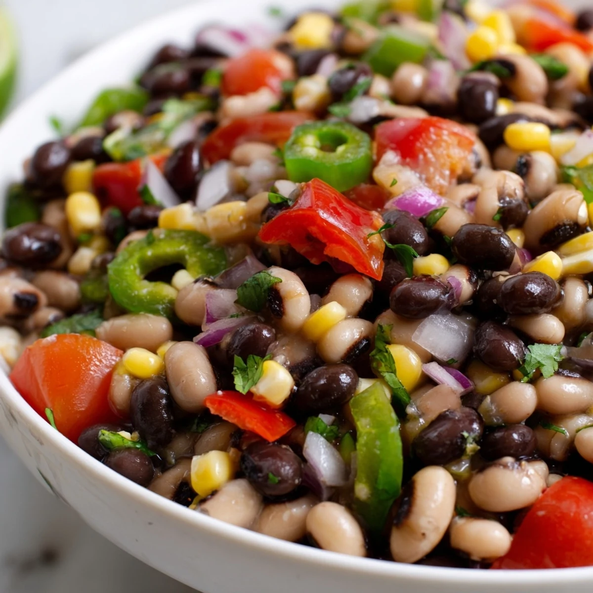 A close-up of cowboy caviar glistening with tangy lime cumin dressing