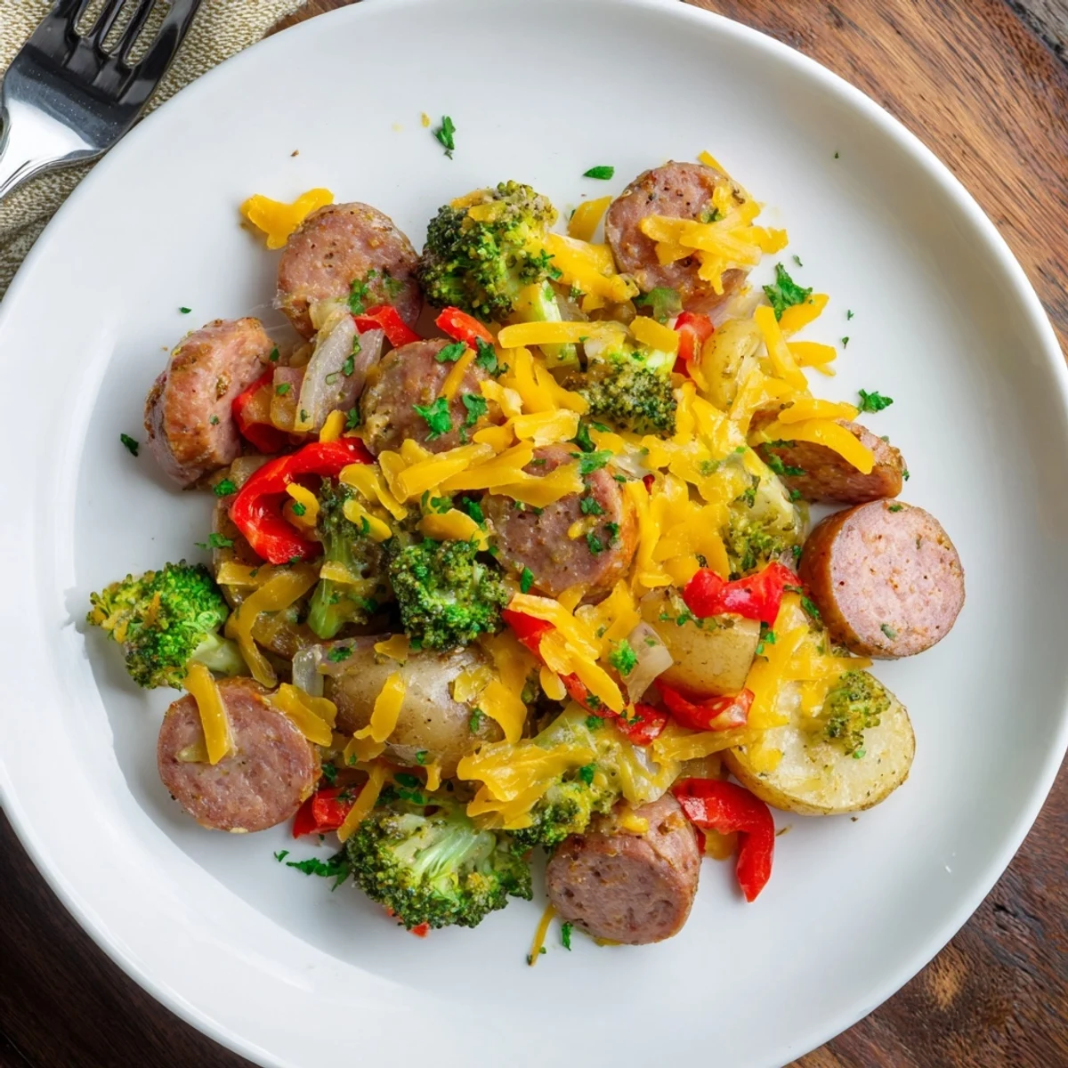 Cheesy Kielbasa Skillet with melted cheddar pooling over golden potatoes and smoky sausage