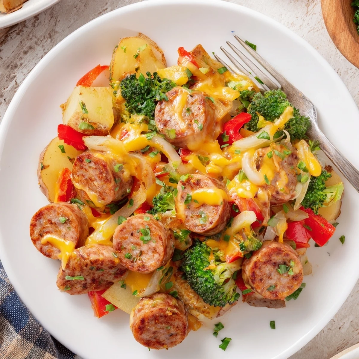 Steaming cast iron of Cheesy Kielbasa Skillet topped with gooey cheese and fresh parsley