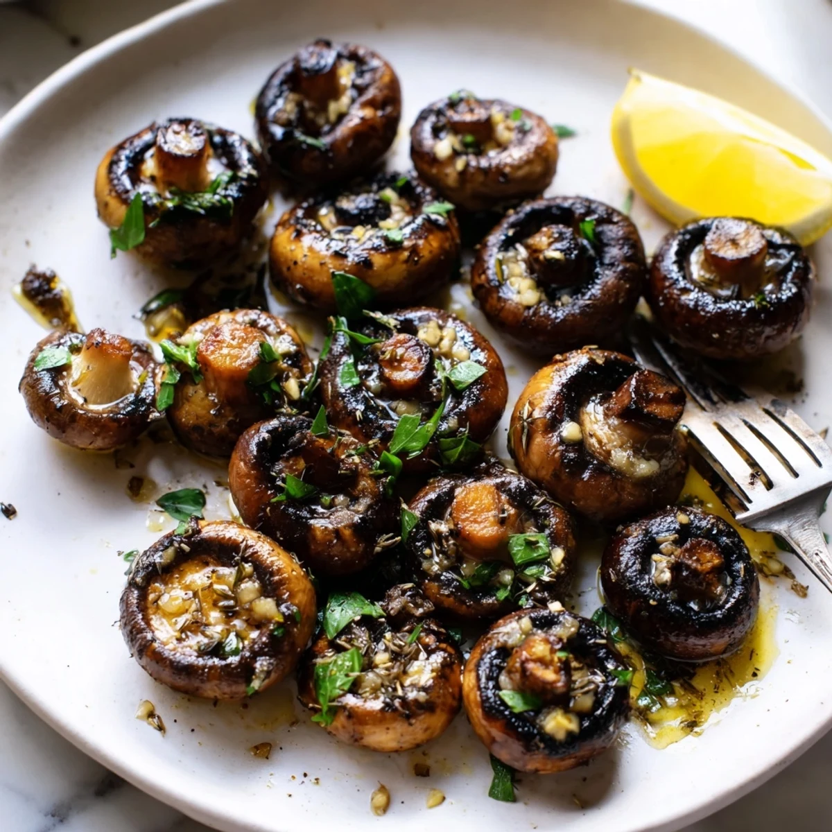 Golden sautéed grilled garlic mushrooms glistening with butter and fresh parsley.
