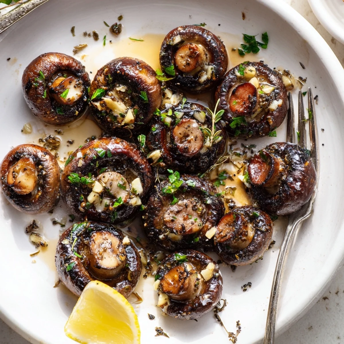 Smoky grilled garlic mushrooms sizzling in a skillet with fragrant herbs.
