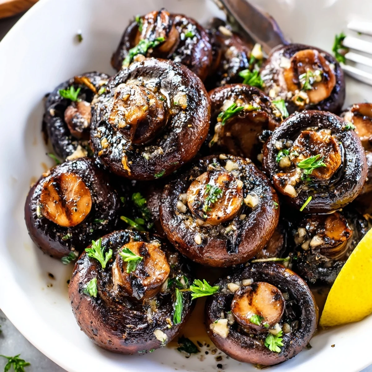 Tender sautéed grilled garlic mushrooms served warm with a bright lemon wedge.