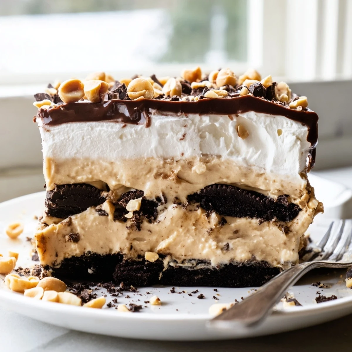 Creamy Peanut Butter Layered Delight with rich chocolate ganache and whipped topping