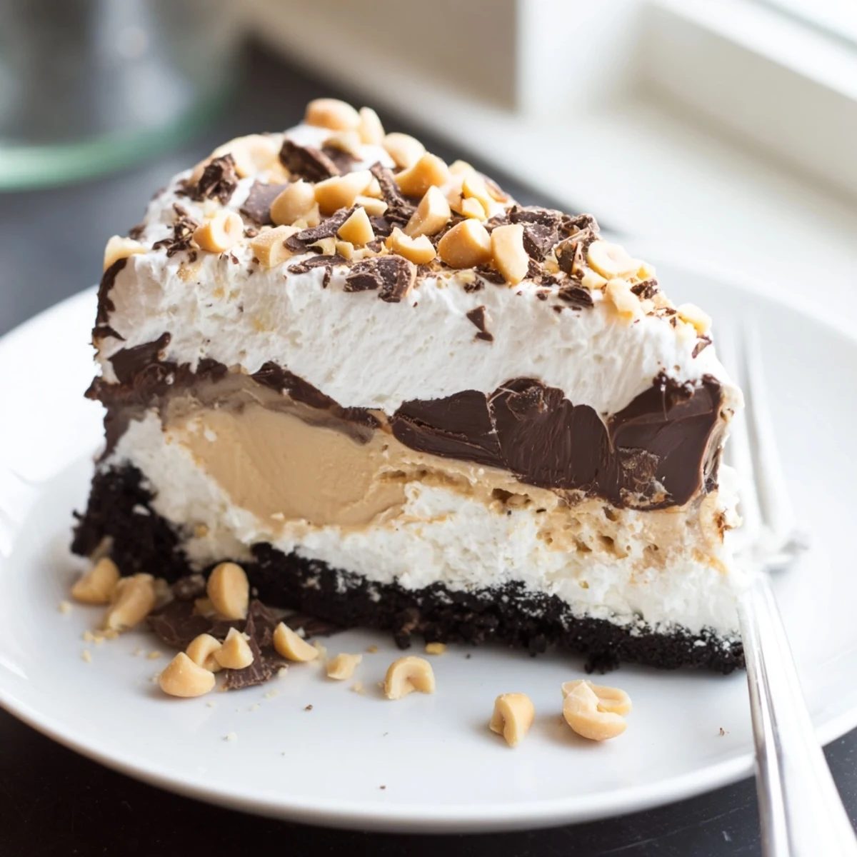 Peanut Butter Layered Delight sliced to reveal velvety peanut butter and chocolate layers