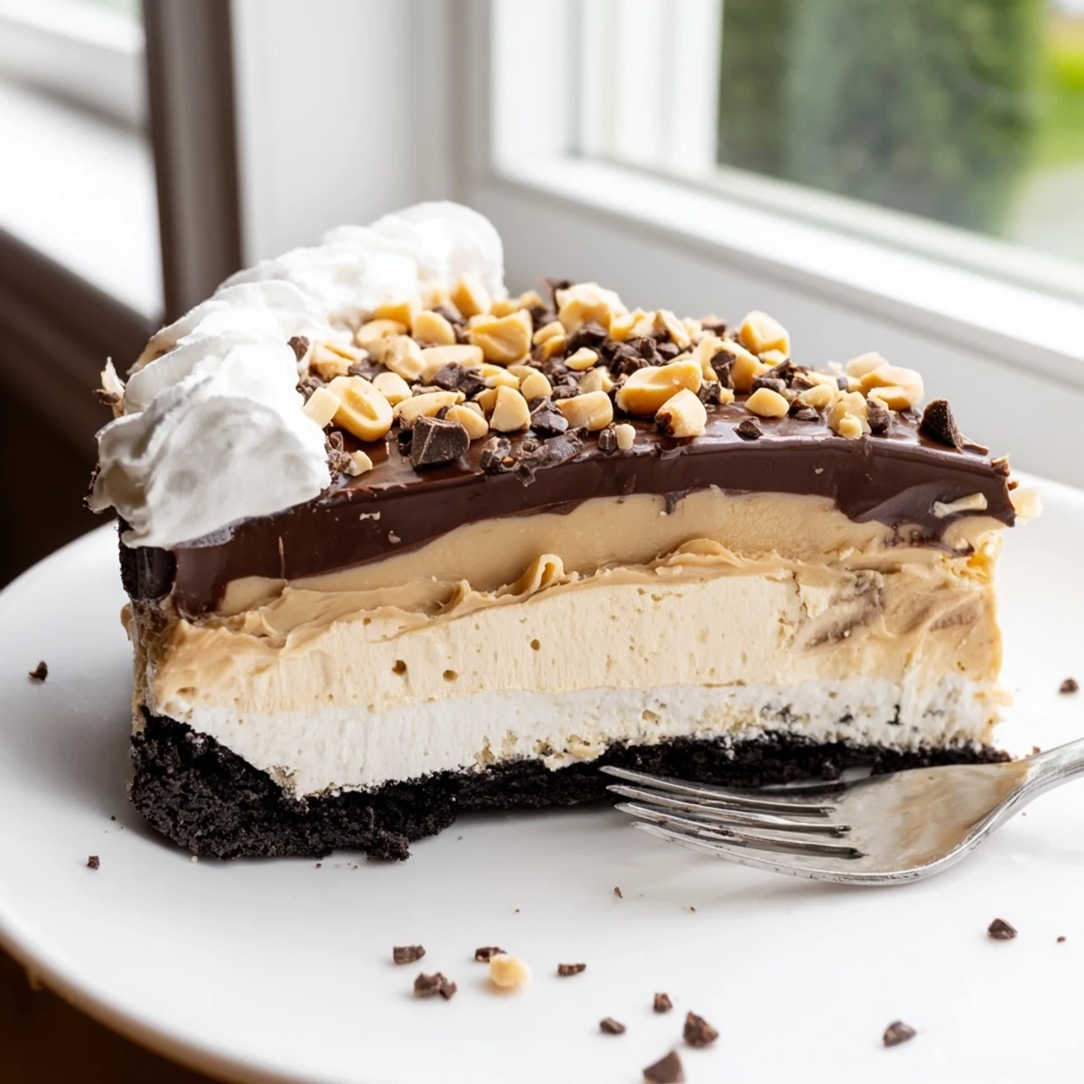 Chilled Peanut Butter Layered Delight topped with roasted peanuts and fluffy whipped cream
