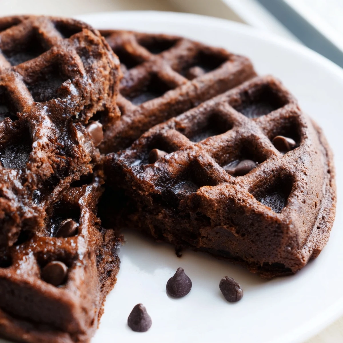 Freshly pressed fudgy brownie waffles dusted with powdered sugar on a rustic plate