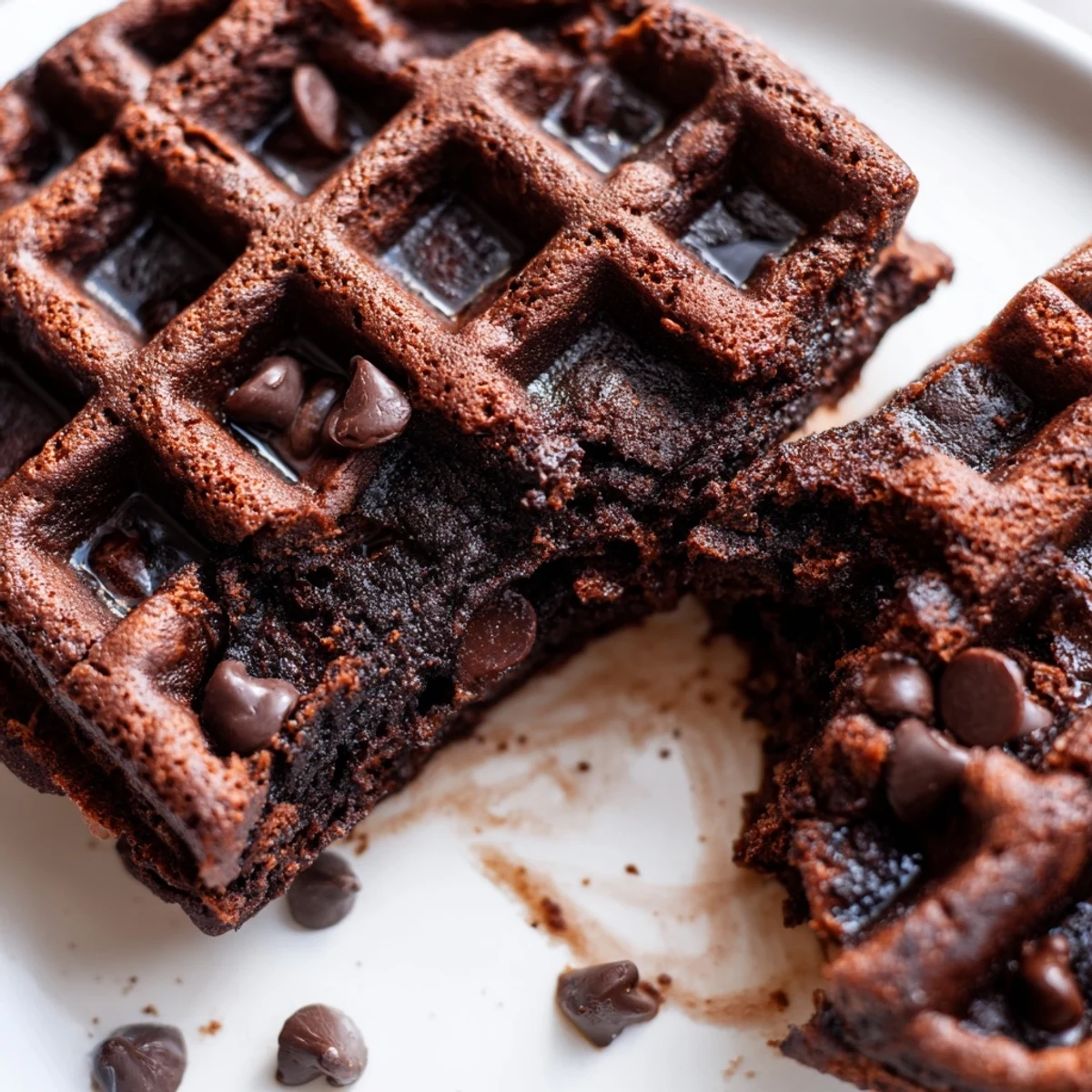 Warm fudgy brownie waffles with crisp edges, topped with a drizzle of chocolate sauce