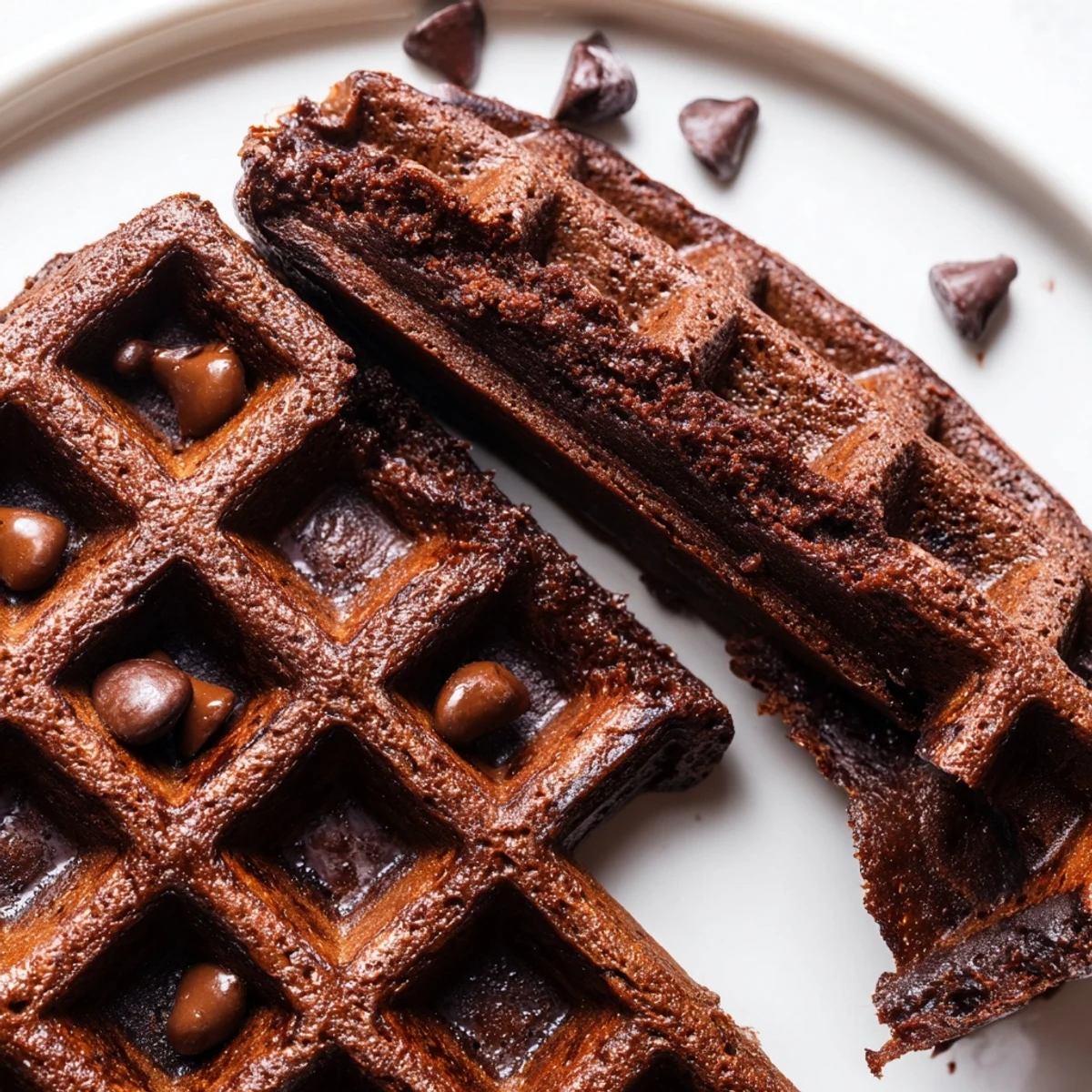 Decadent fudgy brownie waffles served alongside fresh berries and fluffy whipped cream