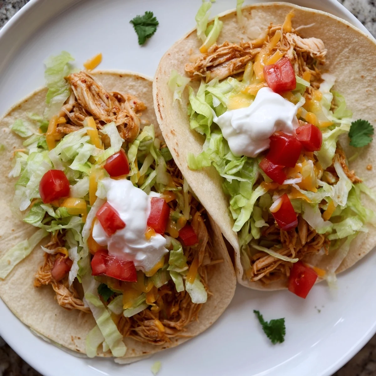Juicy slow cooker ranch chicken tacos topped with melted cheese and fresh cilantro on warm tortillas
