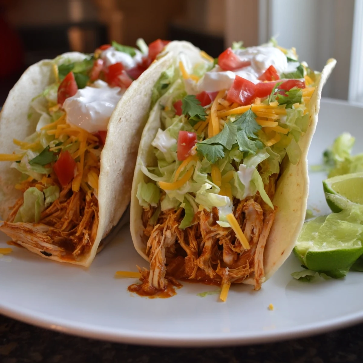 Slow cooker ranch chicken tacos loaded with crisp lettuce, diced tomatoes, and a bright lime wedge