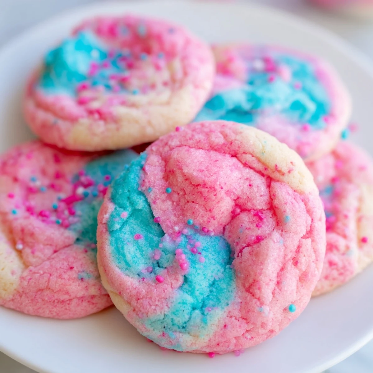 Soft cotton candy cookies with swirled pink and blue pastel dough on a baking sheet