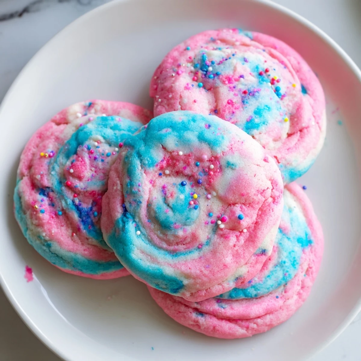 Chewy cotton candy cookies featuring marbled pink and blue hues fresh from the oven