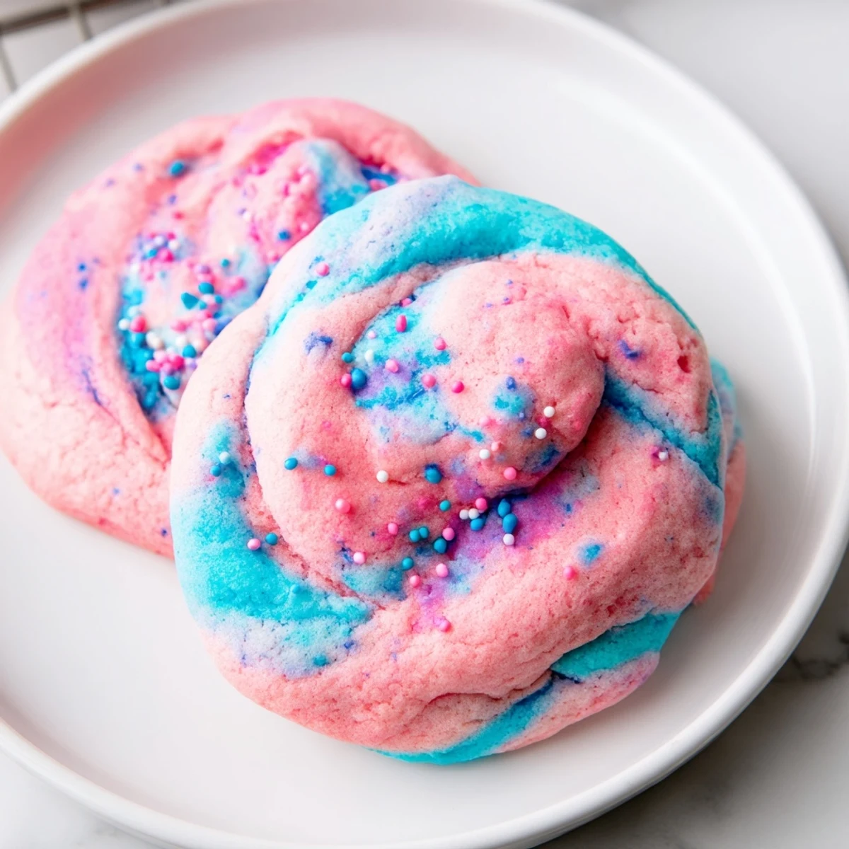 Warm cotton candy cookies topped with colorful sprinkles arranged on a rustic serving plate