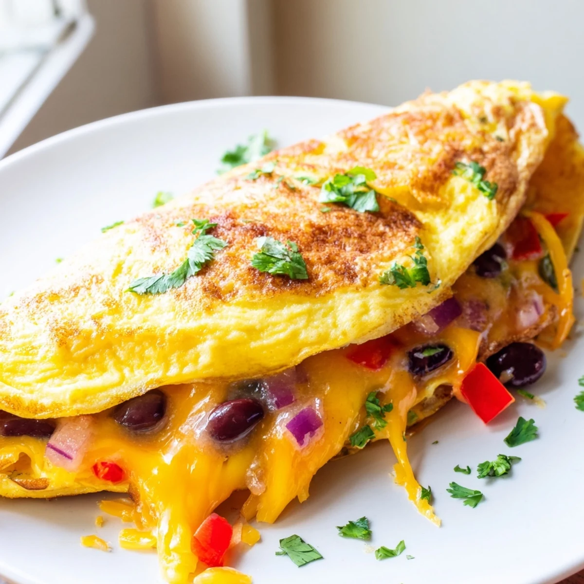 Spicy Mexican omelette topped with creamy avocado slices and cilantro garnish