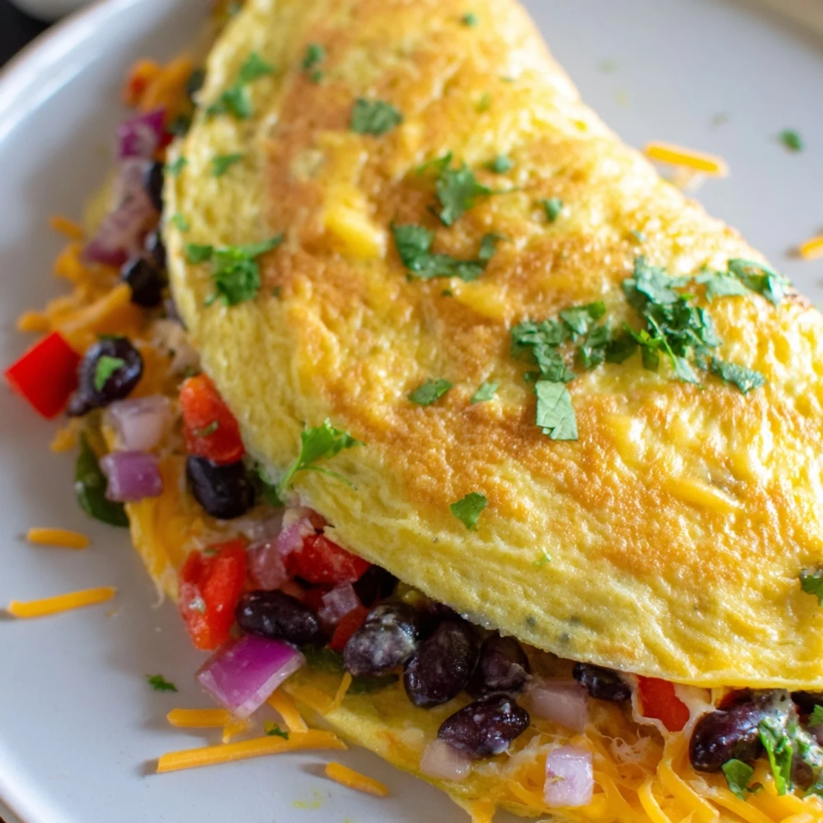 Golden Mexican omelette folded with melted cheese, beans, and fresh salsa