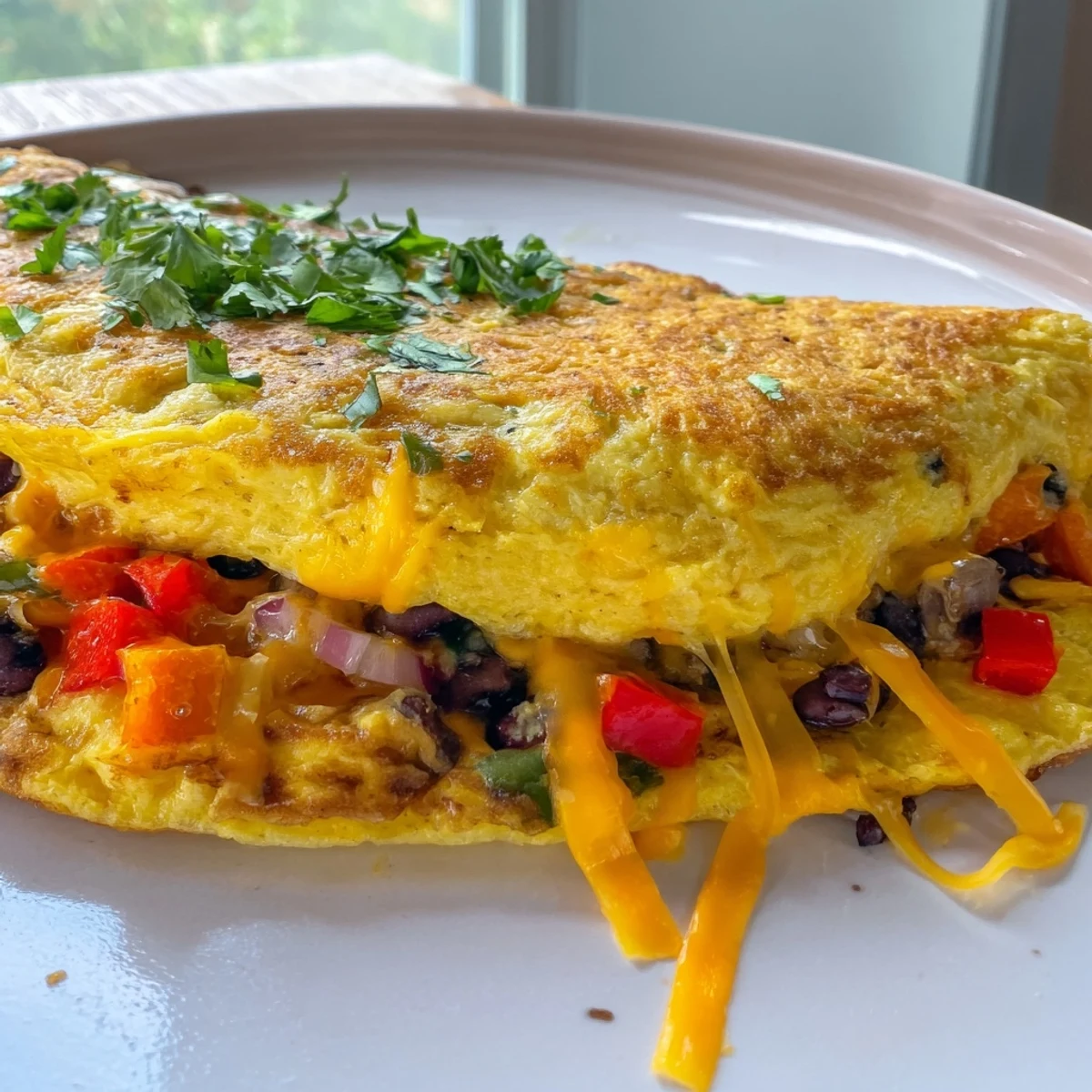 Vibrant Mexican omelette filled with sautéed peppers, black beans, and gooey cheddar