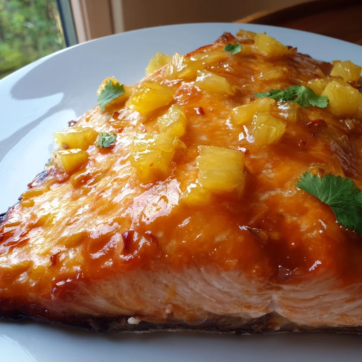 Honey pineapple glazed salmon on a plate with fresh cilantro garnish