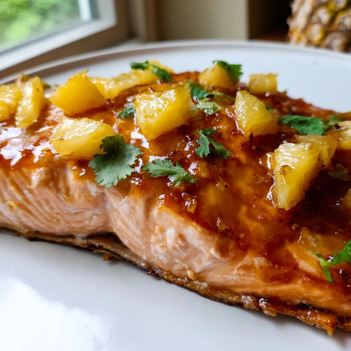 Golden honey pineapple glazed salmon fillet glistening with glossy sweet sauce