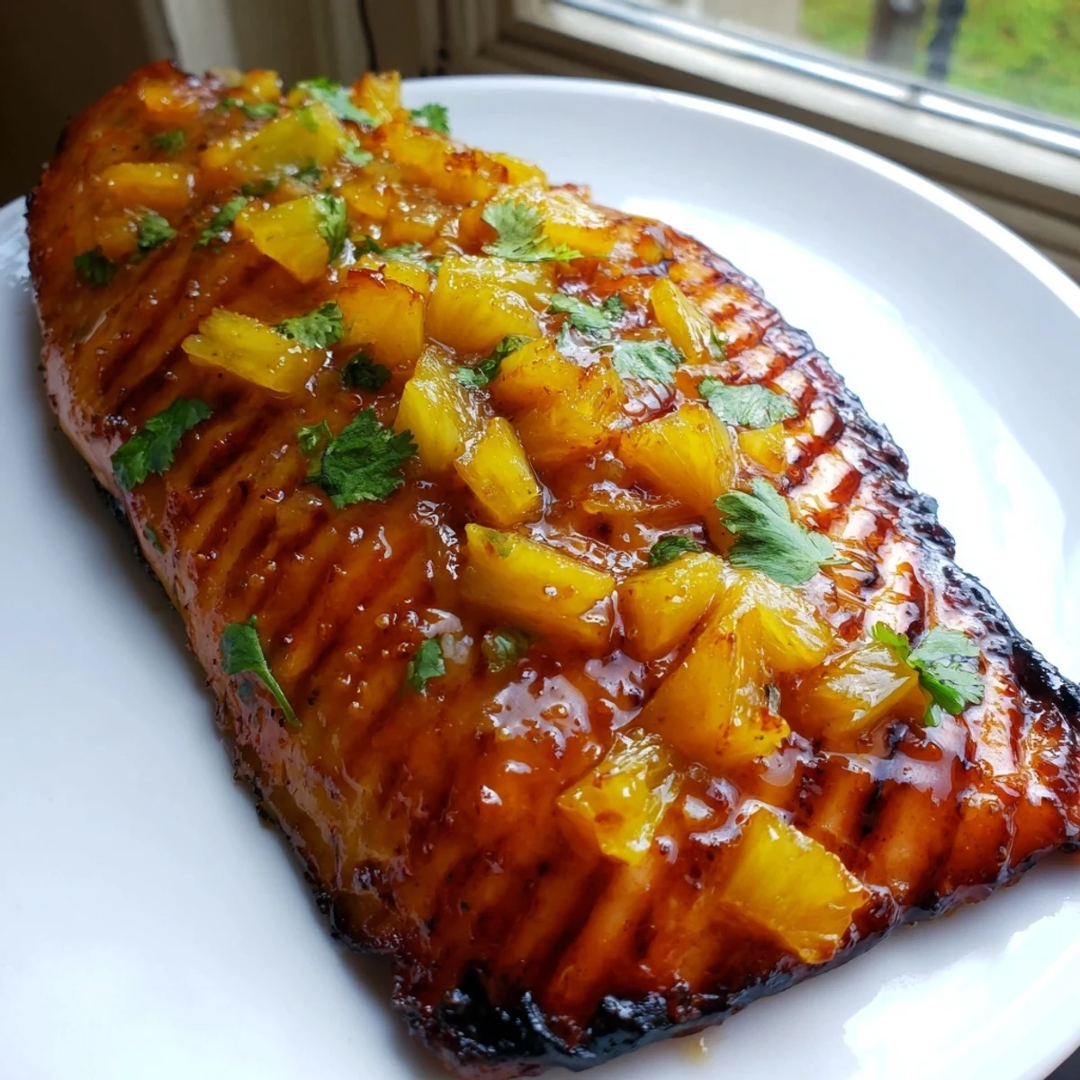 Baked honey pineapple glazed salmon topped with diced pineapple and lime wedges