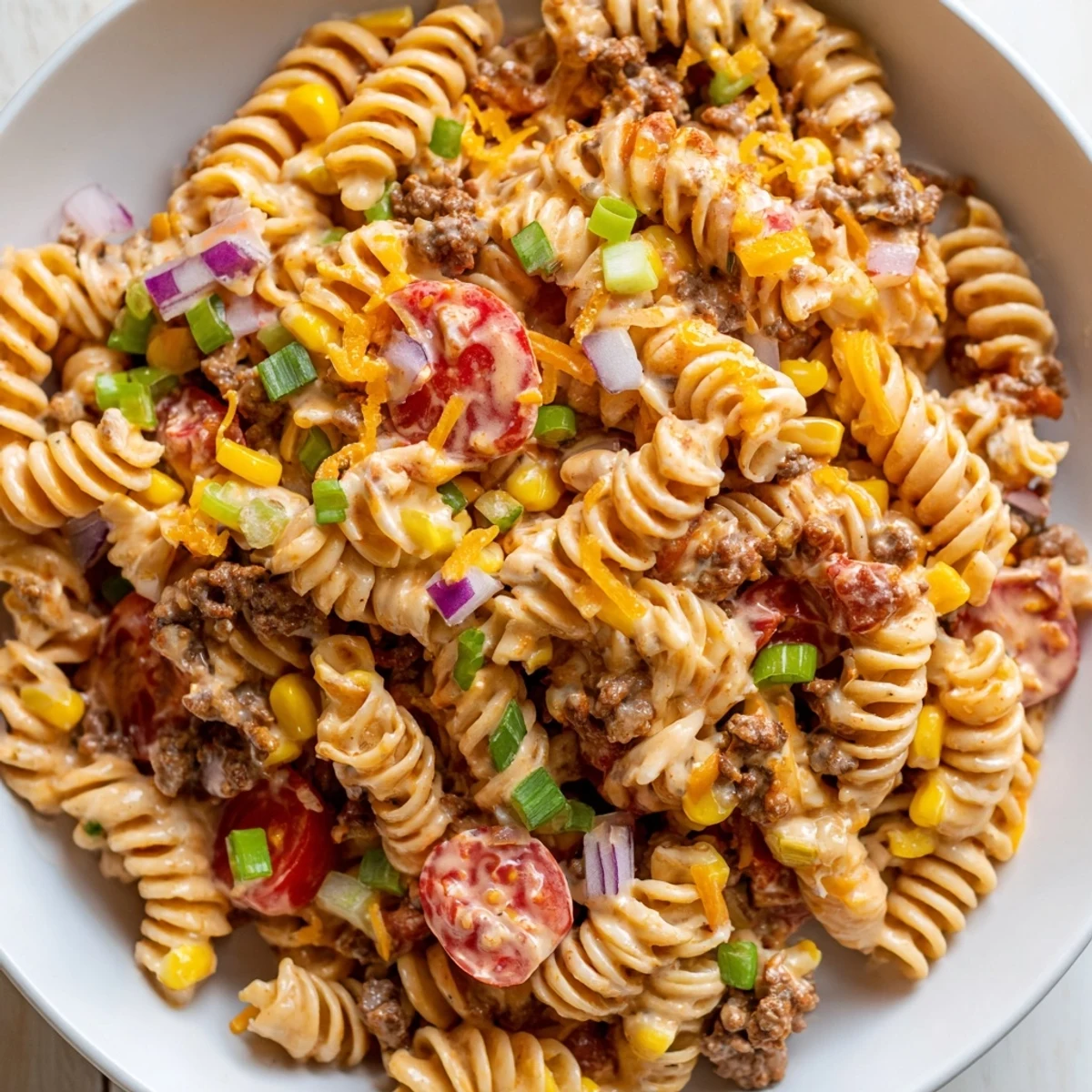 Hearty cowboy pasta salad loaded with beef, bacon, and cheddar in a bowl