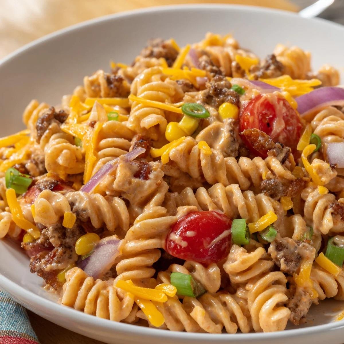 Colorful cowboy pasta salad topped with crispy bacon and shredded cheddar cheese