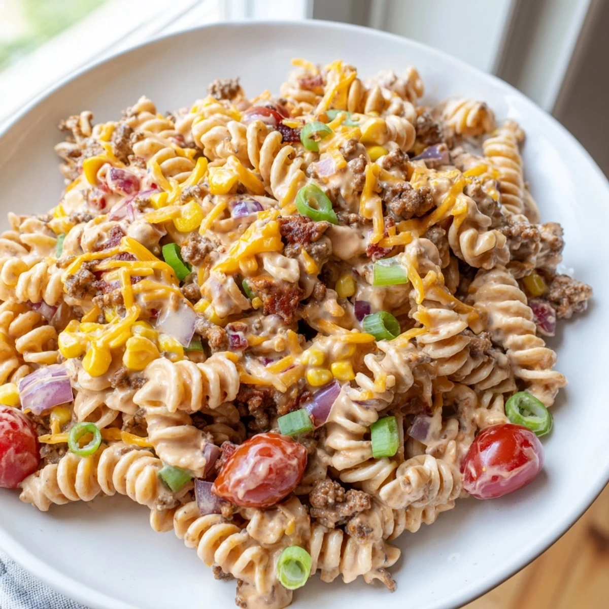 Cowboy pasta salad tossed with corn, tomatoes, and creamy BBQ ranch dressing